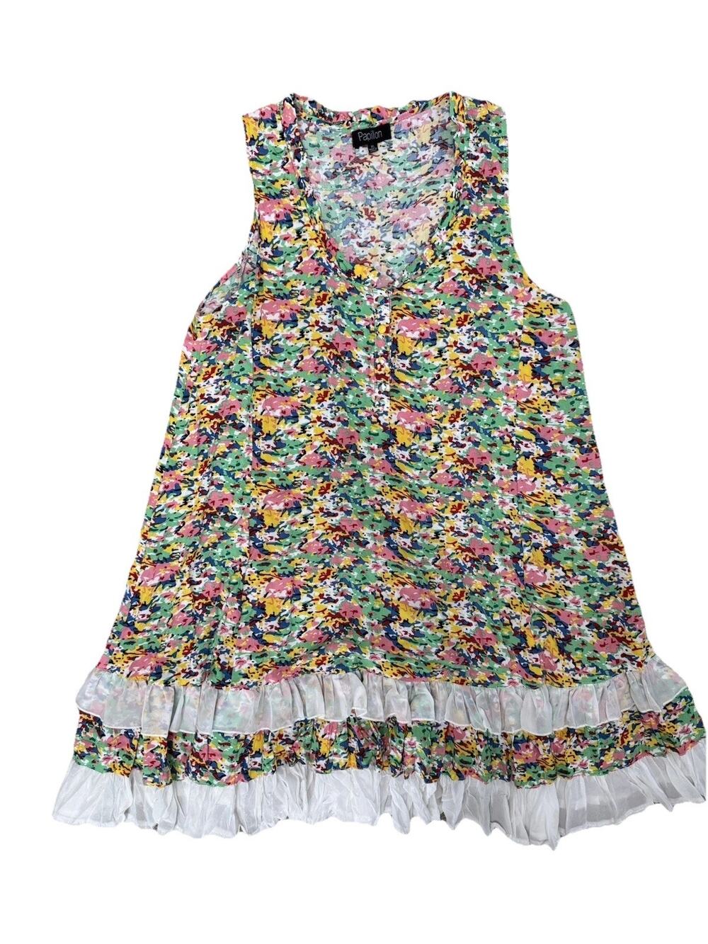 Papillon Multicolor Abstract Festival Artsy Boho Ruffle Dress Scoop Neck XL